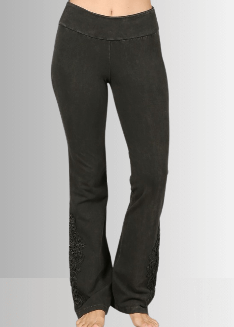 Made in USA Women's Mineral Washed Dark Moss Green Boot Cut Jeggings with Crochet Detail Hem Style# C30372 | Classy Cozy Cool  Made in America Boutique