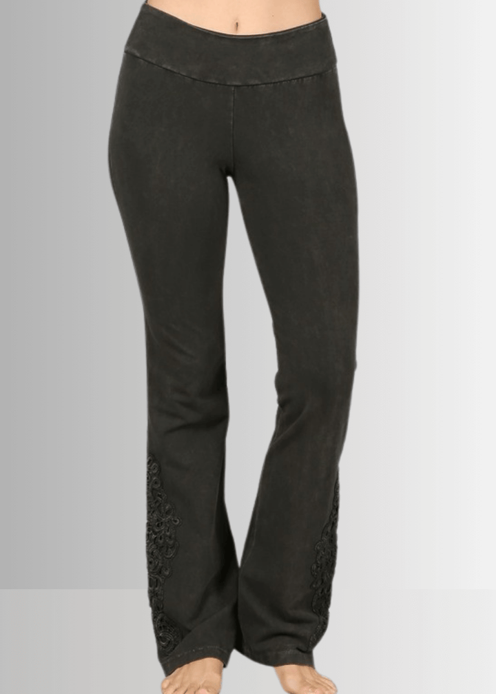 Made in USA Women's Mineral Washed Dark Moss Green Boot Cut Jeggings with Crochet Detail Hem Style# C30372 | Classy Cozy Cool  Made in America Boutique