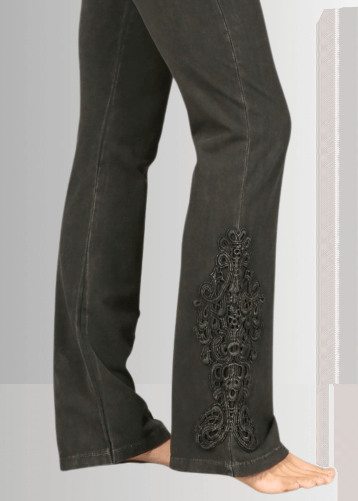 Made in USA Women's Mineral Washed Dark Moss Green Boot Cut Jeggings with Crochet Detail Hem Style# C30372 | Classy Cozy Cool  Made in America Boutique