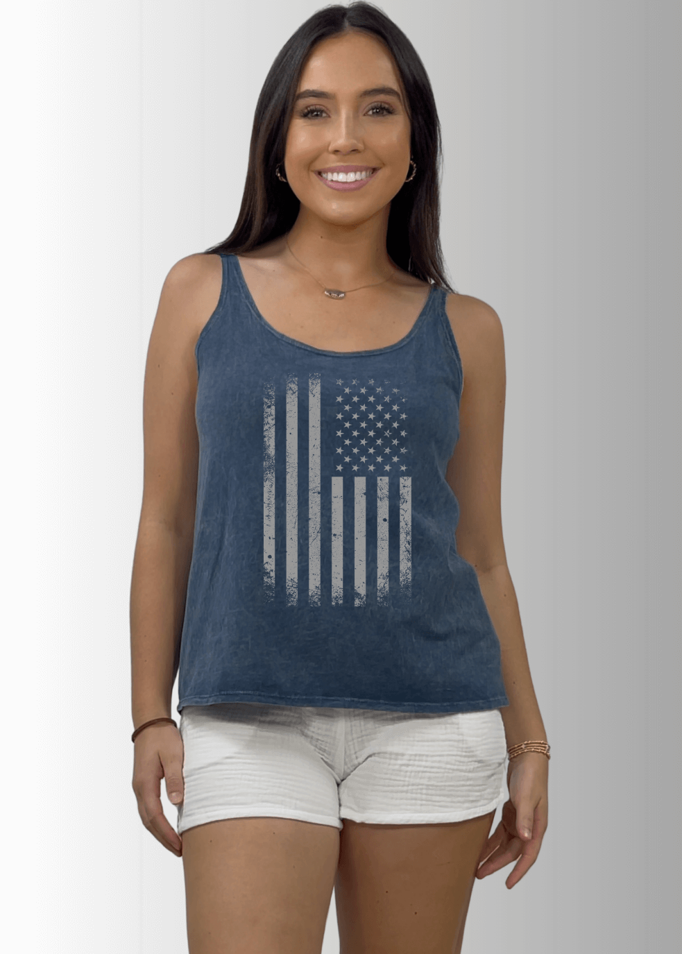 Made in USA Distressed American Flag Graphic Twenty Four Seven Tank Top | Women's Sustainable and durable premium America-made cotton tank top, in Mineral Washed Vintage Gray Blue Denim, Wide Round Neck, Loose Fit, Perfect for Layering | Classy Cozy Cool Style C11315
