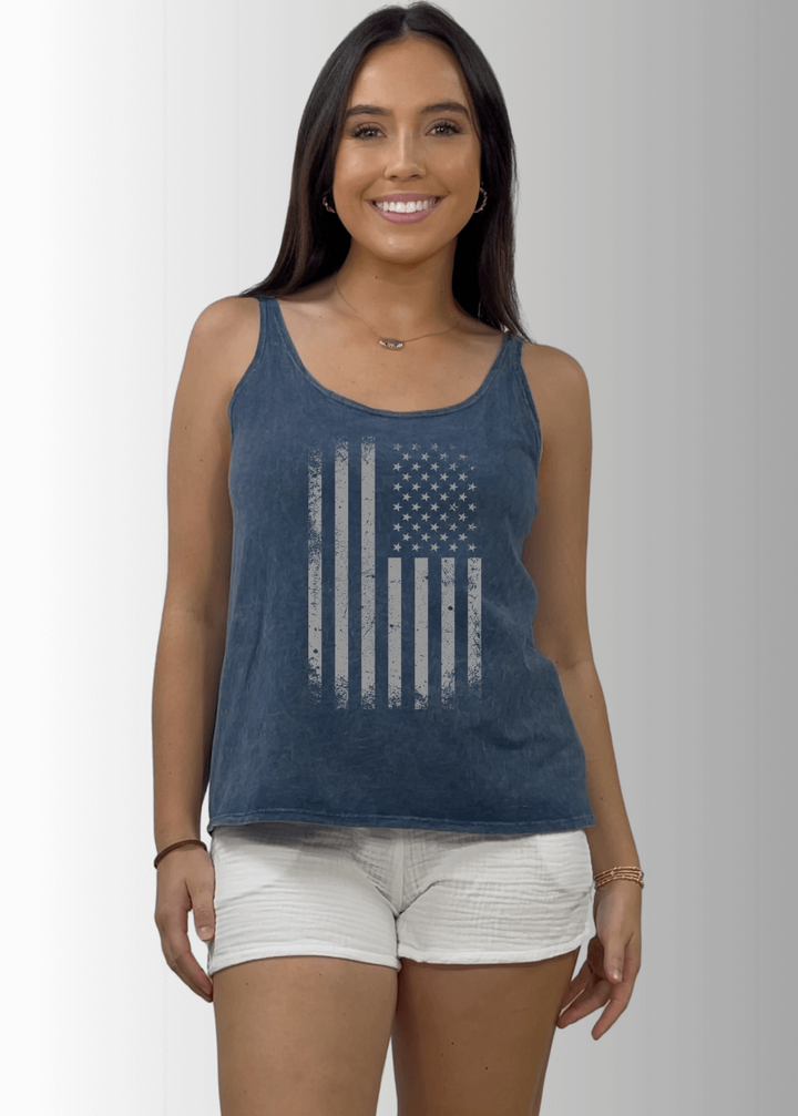 Made in USA Distressed American Flag Graphic Twenty Four Seven Tank Top | Women's Sustainable and durable premium America-made cotton tank top, in Mineral Washed Vintage Gray Blue Denim, Wide Round Neck, Loose Fit, Perfect for Layering | Classy Cozy Cool Style C11315