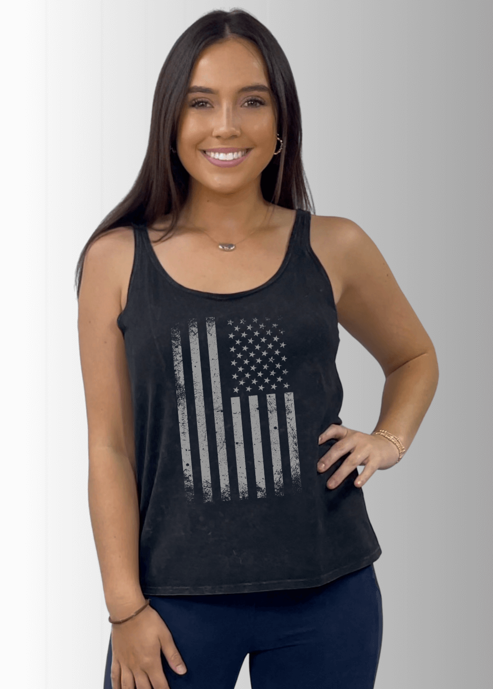 Made in USA Distressed American Flag Graphic Twenty Four Seven Tank Top | Women's Sustainable and durable premium America-made cotton tank top, in Mineral Washed Vintage Black, Wide Round Neck, Loose Fit, Perfect for Layering | Classy Cozy Cool Style C11315