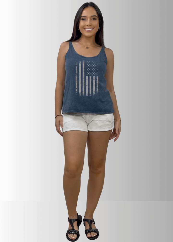 Made in USA Distressed American Flag Graphic Twenty Four Seven Tank Top | Women's Sustainable and durable premium America-made cotton tank top, in Mineral Washed Vintage Gray Blue Denim, Wide Round Neck, Loose Fit, Perfect for Layering | Classy Cozy Cool Style C11315