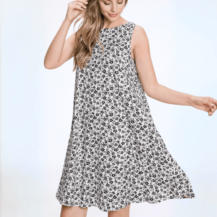 Made in USA Women's Black & White Ditsy Floral Tank Dress Soft Jersey Material Flowy Fit Mini/Midi Length | Classy Cozy Cool Made in America Boutique
