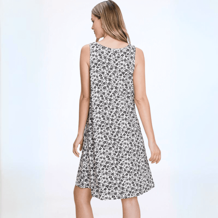 Made in USA Women's Black & White Ditsy Floral Tank Dress Soft Jersey Material Flowy Fit Mini/Midi Length | Classy Cozy Cool Made in America Boutique