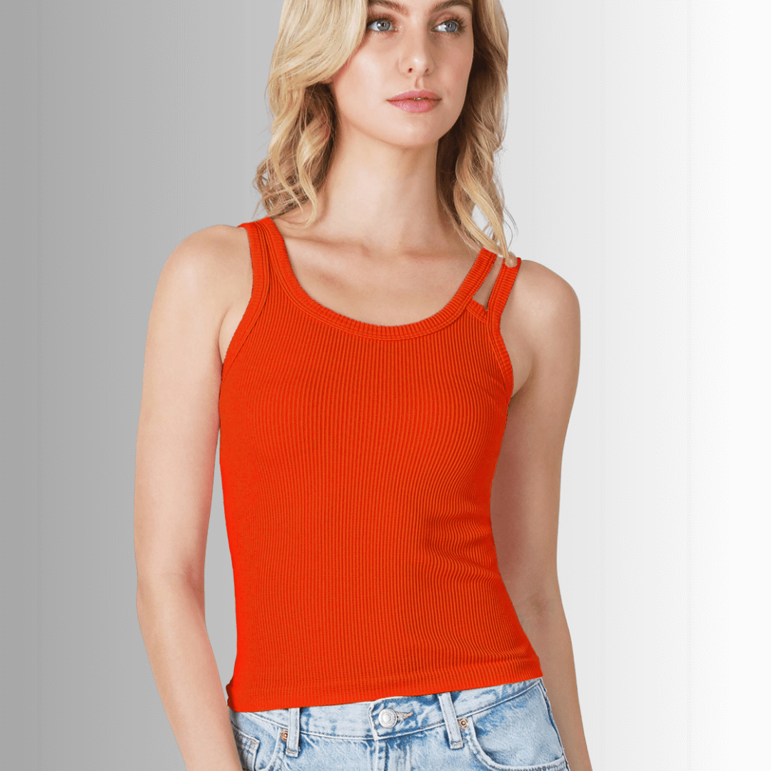 NikiBiki Style# NS8212 Ladies Fitted Scoop Neck Ribbed Tank Top with Double Strap in Cherry Tomato | Made in USA | Classy Cozy Cool Made in America Boutique