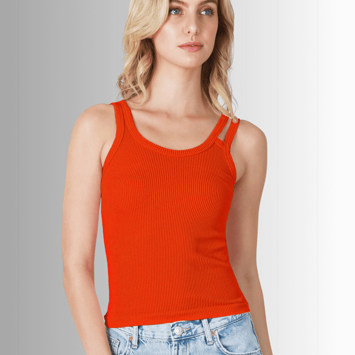 NikiBiki Style# NS8212 Ladies Fitted Scoop Neck Ribbed Tank Top with Double Strap in Cherry Tomato | Made in USA | Classy Cozy Cool Made in America Boutique