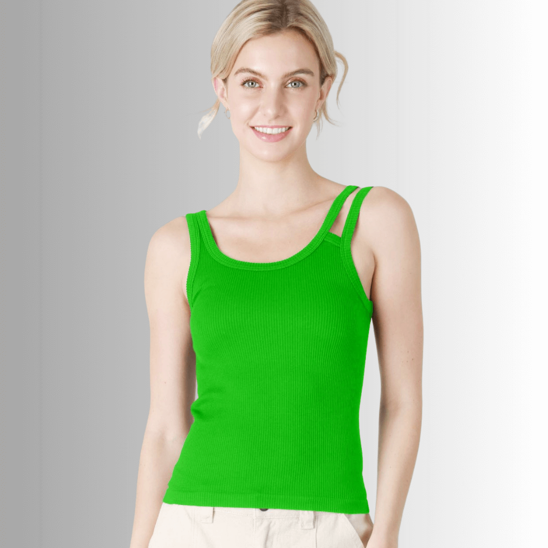 NikiBiki Style# NS8212 Ladies Fitted Scoop Neck Ribbed Tank Top with Double Strap in Classic Green | Made in USA | Classy Cozy Cool Made in America Boutique