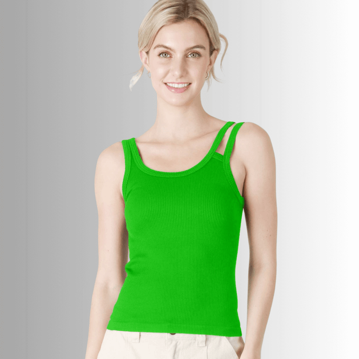 NikiBiki Style# NS8212 Ladies Fitted Scoop Neck Ribbed Tank Top with Double Strap in Classic Green | Made in USA | Classy Cozy Cool Made in America Boutique