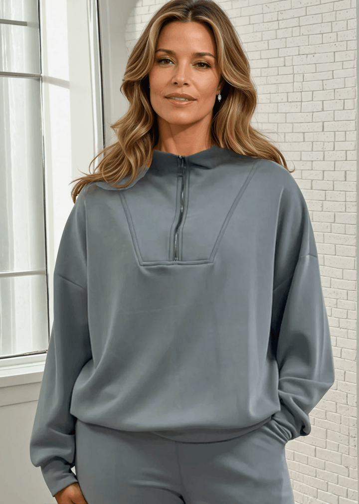 Made in USA Half Zip Women's Relaxed Fit Pullover in Slate Blue Compare to Lululemon Scuba Line | Classy Cozy Cool Made in America Boutique