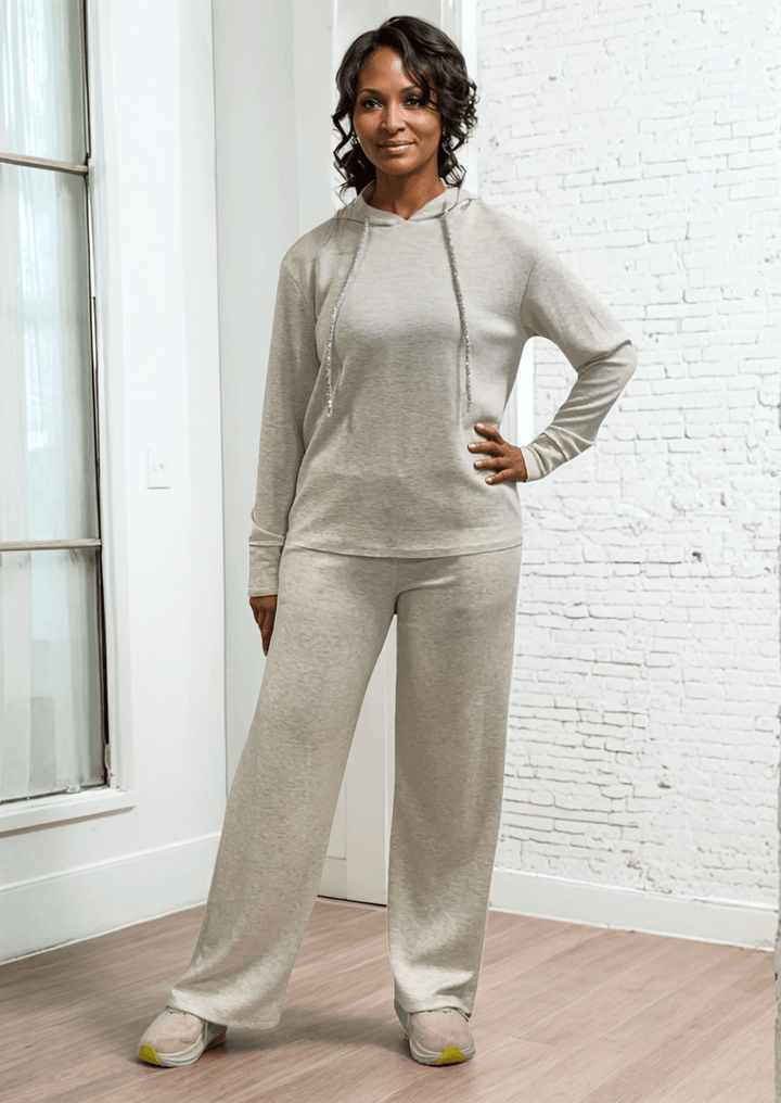 Made in USA Super Soft Relaxed Fit Matching Zip Hoodie and Pant, Material Compares to LuLulemon Scuba Line Wrinkle Resistant Medium Weight Material Feels Ultra Lightweight and Soft Side Pockets in Heather Oatmeal