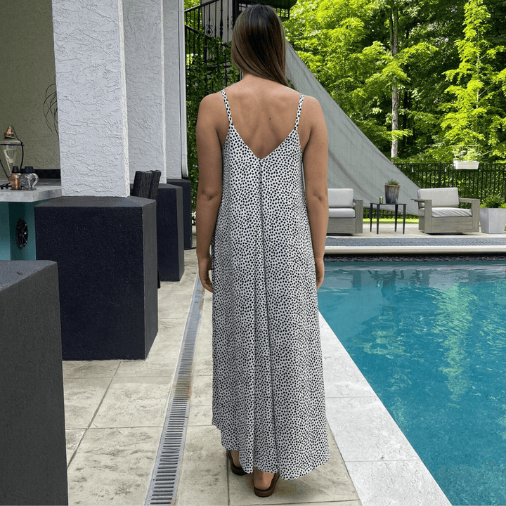 Made in USA Women's Jersey Stretch Double V-Neck 2-Tone Printed Summer Maxi Dress in White/Black | Classy Cozy Cool Made in America Boutique