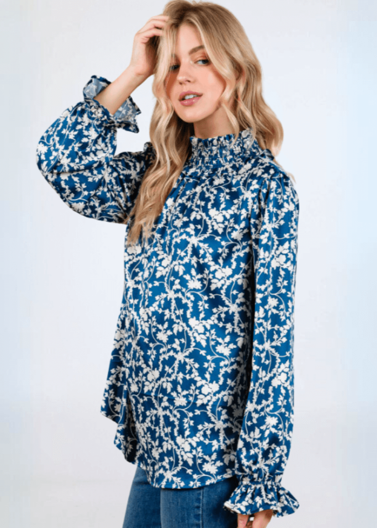 Made in USA Women's Teal Floral Ruffled Relaxed Fit Smocked Mock Neck Dressy Top with Elastic Ruffled Cuffs | Classy Cozy Cool Made in America Boutique