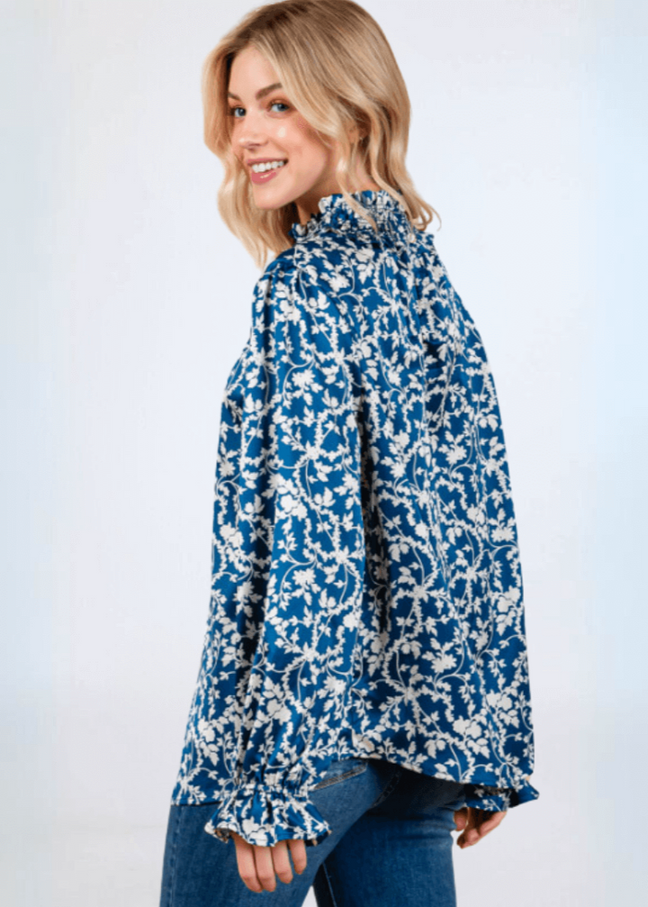 Made in USA Women's Teal Floral Ruffled Relaxed Fit Smocked Mock Neck Dressy Top with Elastic Ruffled Cuffs | Classy Cozy Cool Made in America Boutique