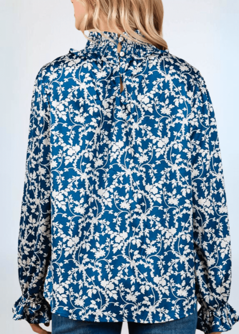 Made in USA Women's Teal Floral Ruffled Relaxed Fit Smocked Mock Neck Dressy Top with Elastic Ruffled Cuffs | Classy Cozy Cool Made in America Boutique