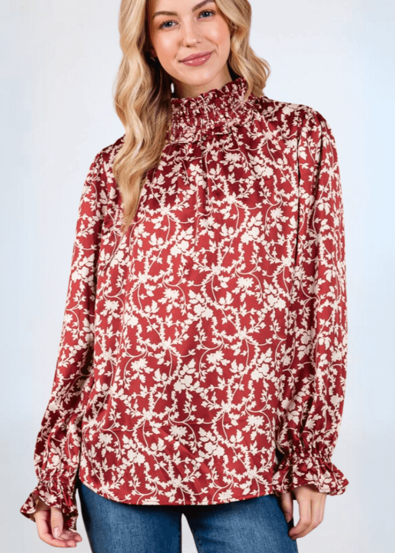 Made in USA Women's Rust Color Satin Floral Ruffled Relaxed Fit Smocked Mock Neck Dressy Top with Elastic Ruffled Cuffs | Classy Cozy Cool Made in America Boutique