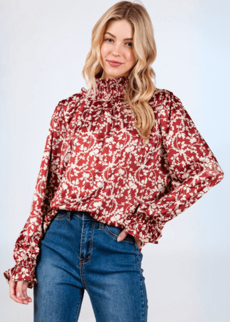 Made in USA Women's Rust Color Satin Floral Ruffled Relaxed Fit Smocked Mock Neck Dressy Top with Elastic Ruffled Cuffs | Classy Cozy Cool Made in America Boutique