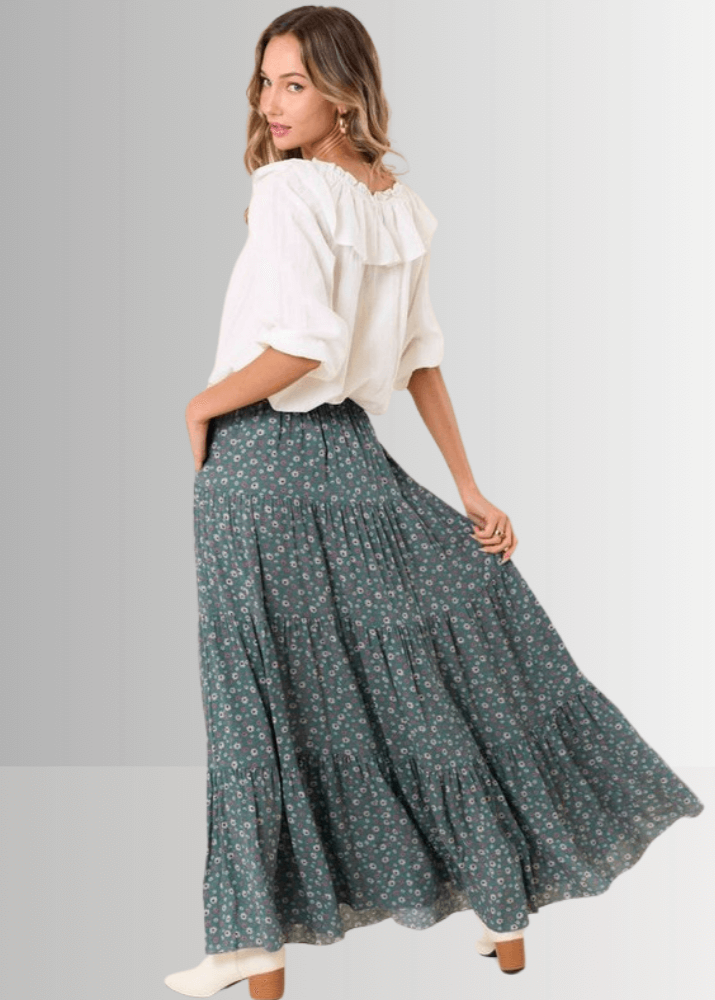 Made in USA Women's Agave Green Rayon Ditsy Floral Maxi Skirt | Classy Cozy Cool Made in America Boutique