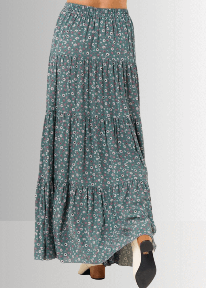 Made in USA Women's Agave Green Rayon Ditsy Floral Maxi Skirt | Classy Cozy Cool Made in America Boutique