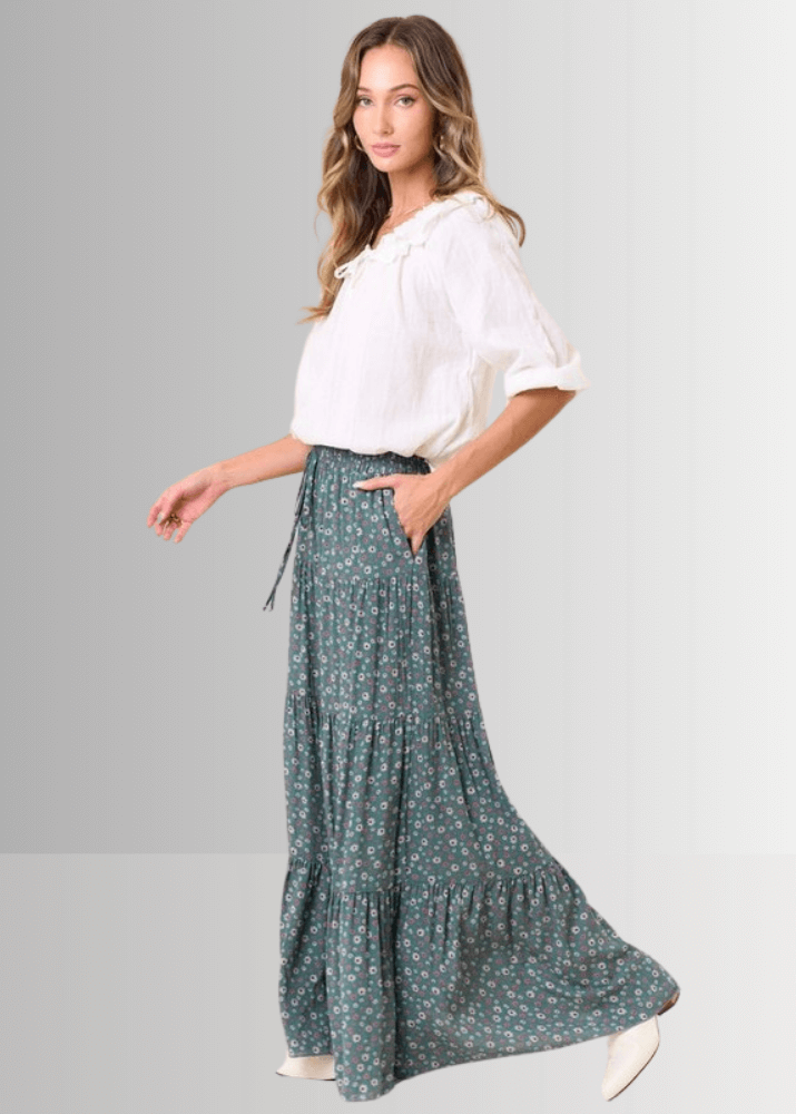 Made in USA Women's Agave Green Rayon Ditsy Floral Maxi Skirt | Classy Cozy Cool Made in America Boutique