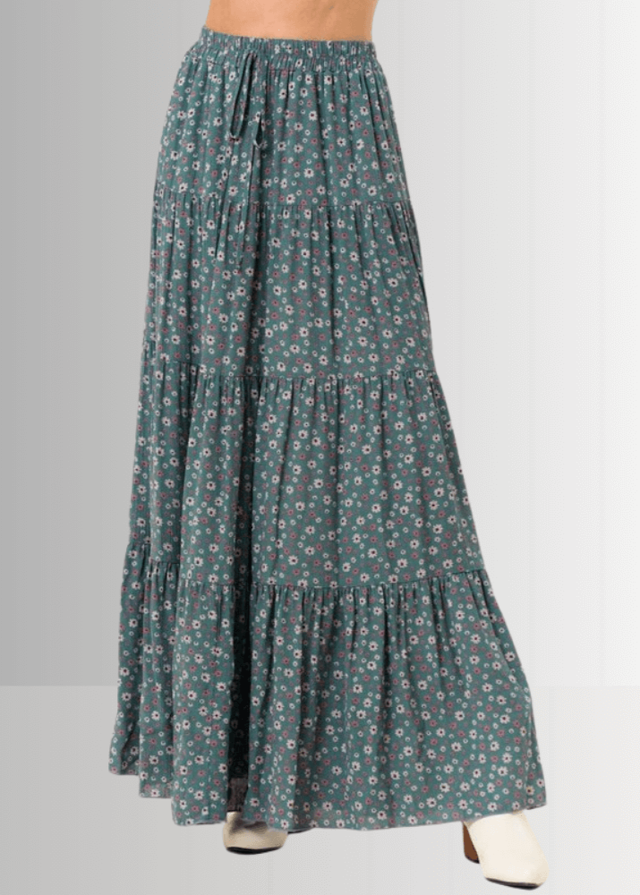 Made in USA Women's Agave Green Rayon Ditsy Floral Maxi Skirt | Classy Cozy Cool Made in America Boutique