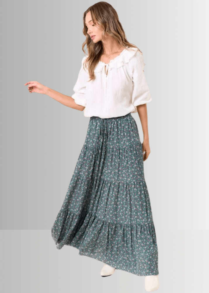 Made in USA Women's Agave Green Rayon Ditsy Floral Maxi Skirt | Classy Cozy Cool Made in America Boutique