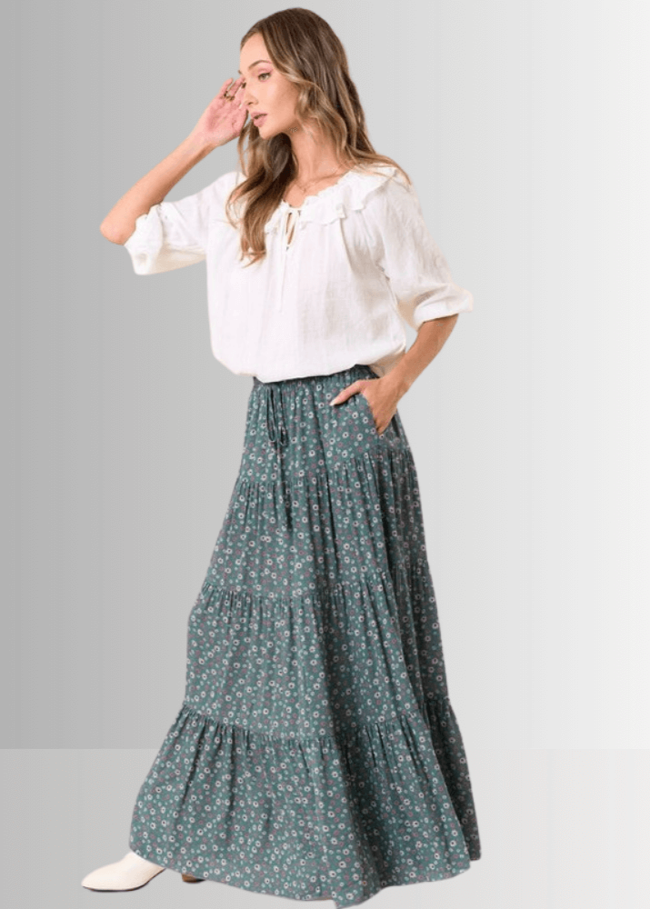 Made in USA Women's Agave Green Rayon Ditsy Floral Maxi Skirt | Classy Cozy Cool Made in America Boutique