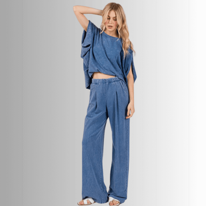 Made in USA Cotton/Spandex Women's Denim Blue Garment Dyed Soft Cotton Loungewear Set,  Oversized Batwing Top with French Terry Soft and Stretchy Baggy Fit Boot Cut Flare Hem Pants Loungewear or Streetwear
