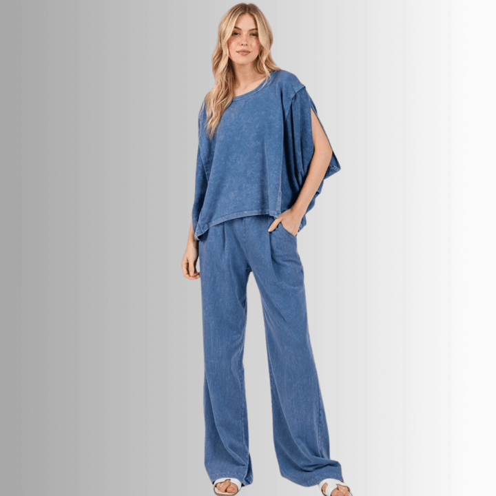 Made in USA Cotton/Spandex Women's Denim Blue Garment Dyed Soft Cotton Loungewear Set,  Oversized Batwing Top with French Terry Soft and Stretchy Baggy Fit Boot Cut Flare Hem Pants Loungewear or Streetwear
