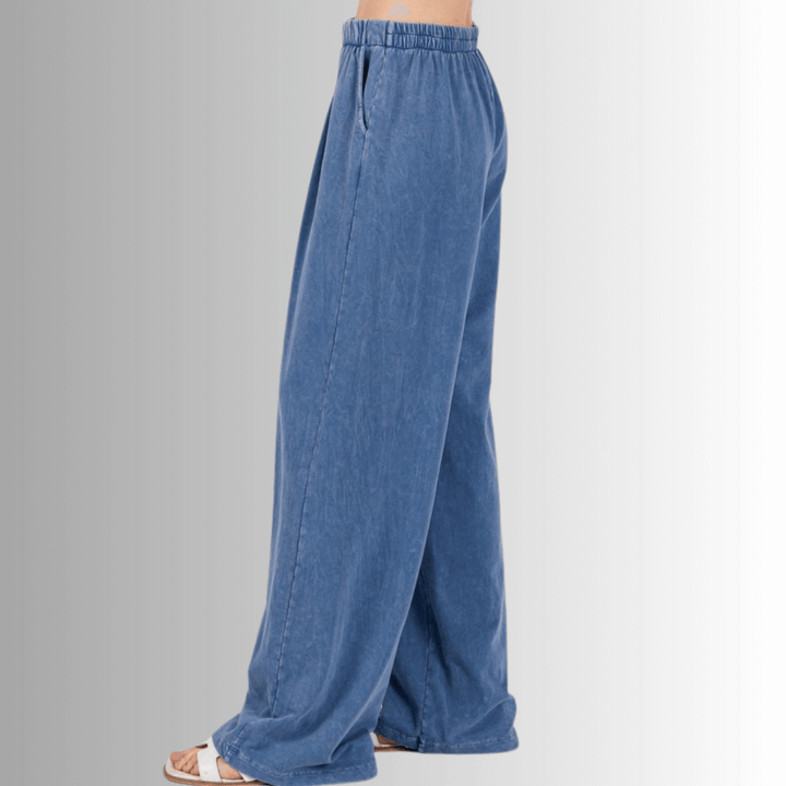 Made in USA Cotton/Spandex Women's Denim Blue Garment Dyed Soft Cotton Loungewear Set,  Oversized Batwing Top with French Terry Soft and Stretchy Baggy Fit Boot Cut Flare Hem Pants Loungewear or Streetwear