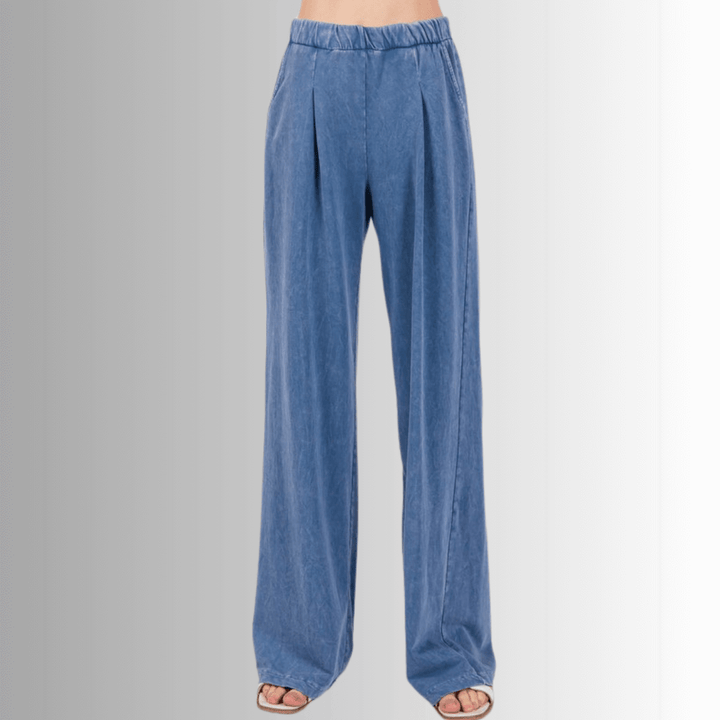 Made in USA Cotton/Spandex Women's Denim Blue Garment Dyed Soft Cotton Loungewear Set,  Oversized Batwing Top with French Terry Soft and Stretchy Baggy Fit Boot Cut Flare Hem Pants Loungewear or Streetwear