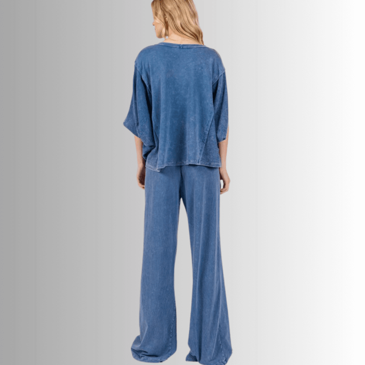 Made in USA Cotton/Spandex Women's Denim Blue Garment Dyed Soft Cotton Loungewear Set,  Oversized Batwing Top with French Terry Soft and Stretchy Baggy Fit Boot Cut Flare Hem Pants Loungewear or Streetwear