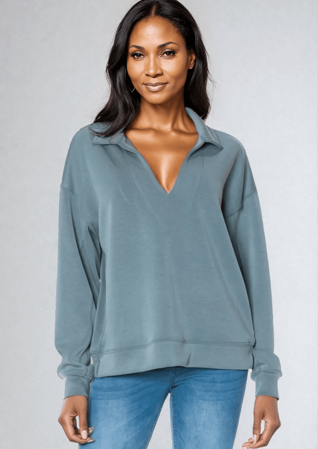 Made in USA Women's Relaxed Fit Dreamy Soft Scuba V-Neck Sweatshirt, Material Compares to LuLulemon Scuba Line in Slate Blue or Taupe