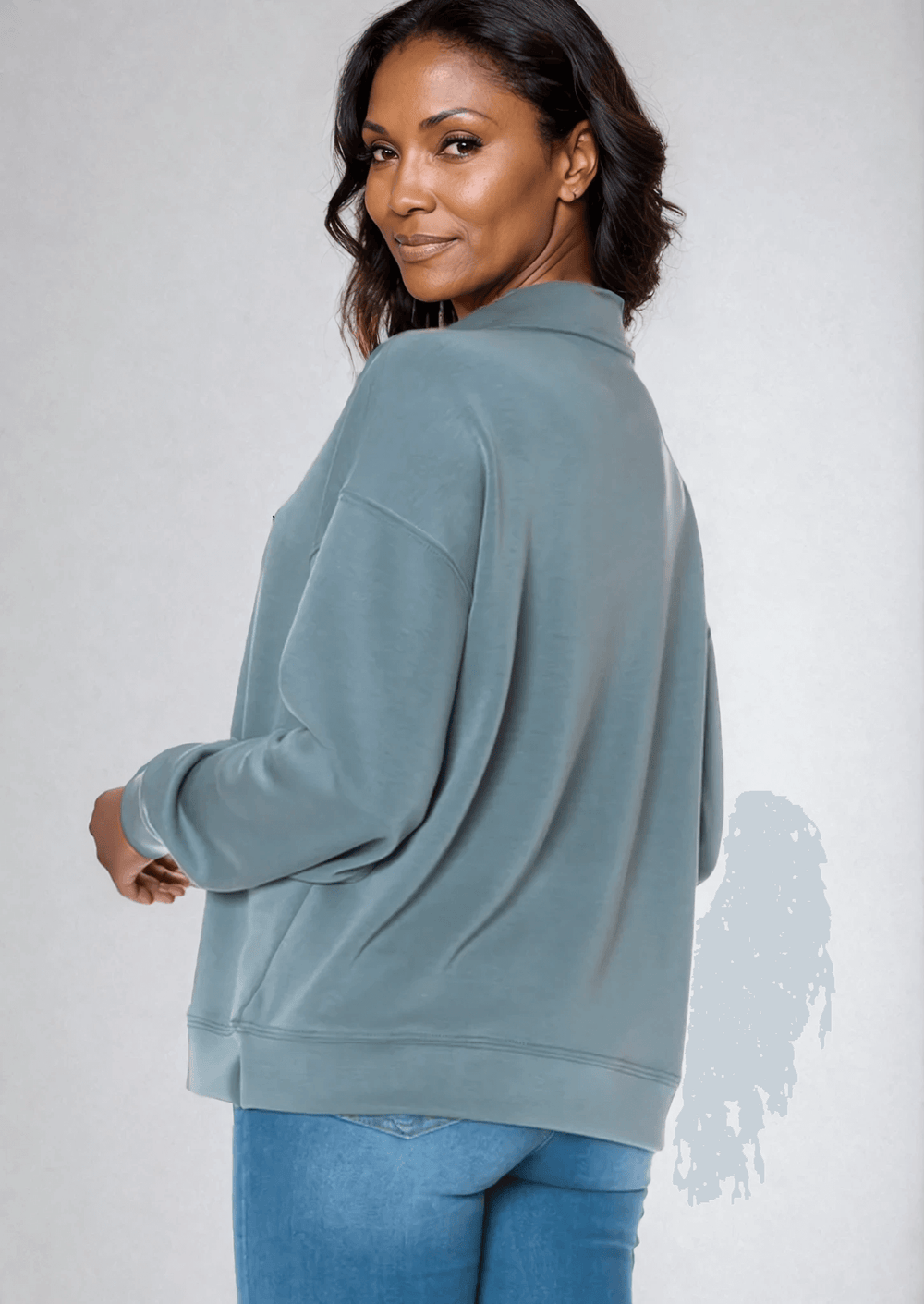 Made in USA Women's Relaxed Fit Dreamy Soft Scuba V-Neck Sweatshirt, Material Compares to LuLulemon Scuba Line in Slate Blue or Taupe