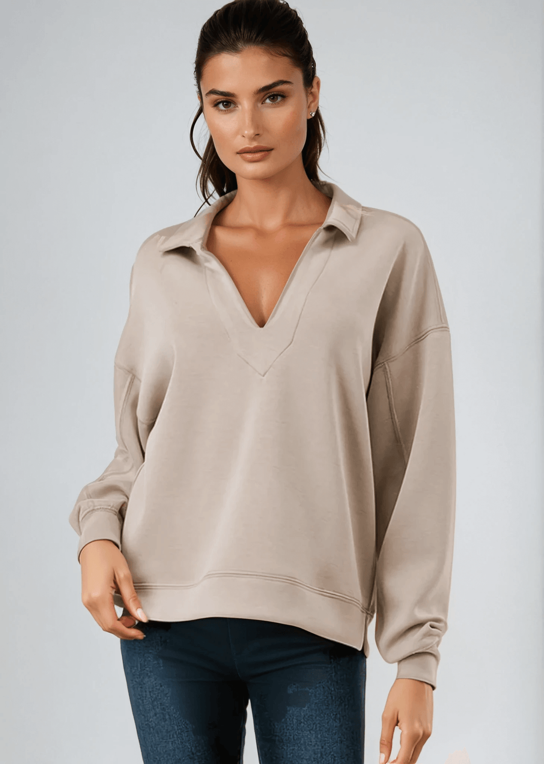 Made in USA Women's Relaxed Fit Dreamy Soft Scuba V-Neck Sweatshirt, Material Compares to LuLulemon Scuba Line in Slate Blue or Taupe