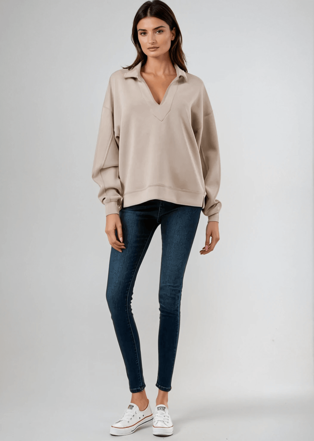 Made in USA Women's Relaxed Fit Dreamy Soft Scuba V-Neck Sweatshirt, Material Compares to LuLulemon Scuba Line in Slate Blue or Taupe