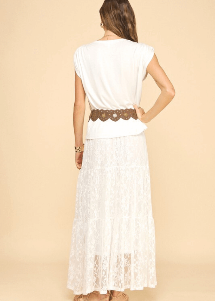 Made in USA Women's Emily Lace Maxi Skirt in Off White with Elastic Waist, Midi Length Liner | If She Loves Style ISK1099