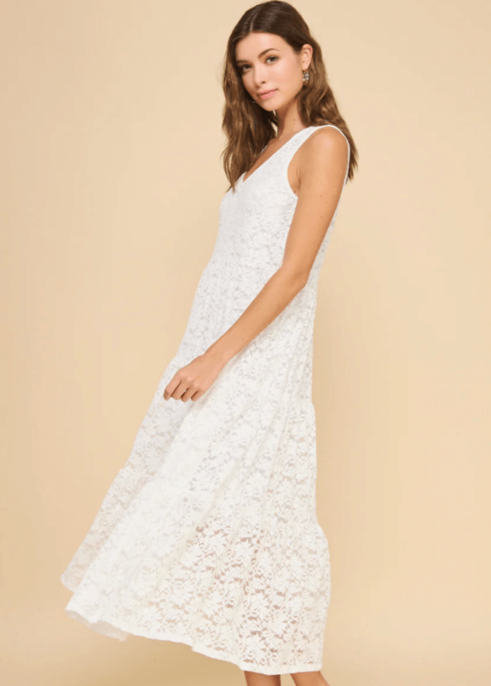 Made in USA Women's White Lace V-Neck A-Line Maxi Dress, Lined, Sleeveless, Tiered with Flounce Ruffle Hem | If She Loves Style ISD1399