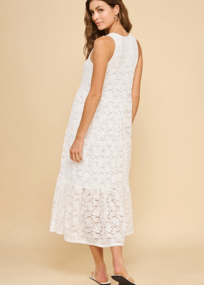 Made in USA Women's White Lace V-Neck A-Line Maxi Dress, Lined, Sleeveless, Tiered with Flounce Ruffle Hem | If She Loves Style ISD1399