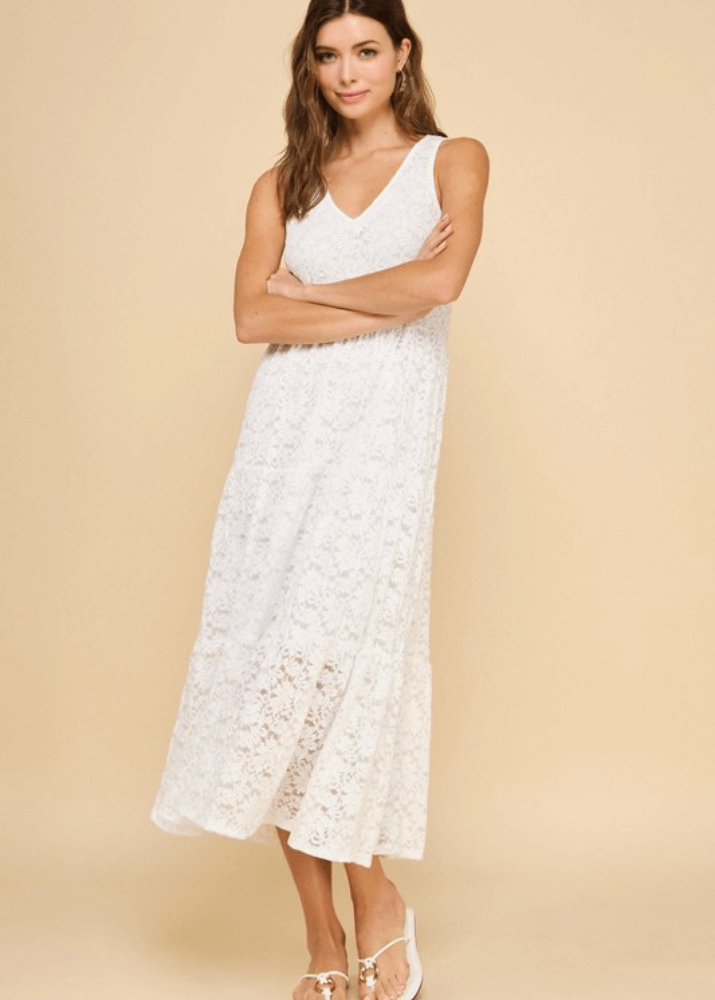 Made in USA Women's White Lace V-Neck A-Line Maxi Dress, Lined, Sleeveless, Tiered with Flounce Ruffle Hem | If She Loves Style ISD1399