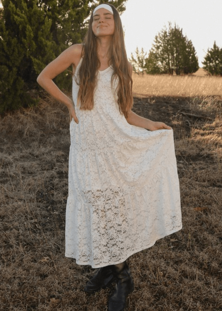 Made in USA Women's White Lace V-Neck A-Line Maxi Dress, Lined, Sleeveless, Tiered with Flounce Ruffle Hem | If She Loves Style ISD1399