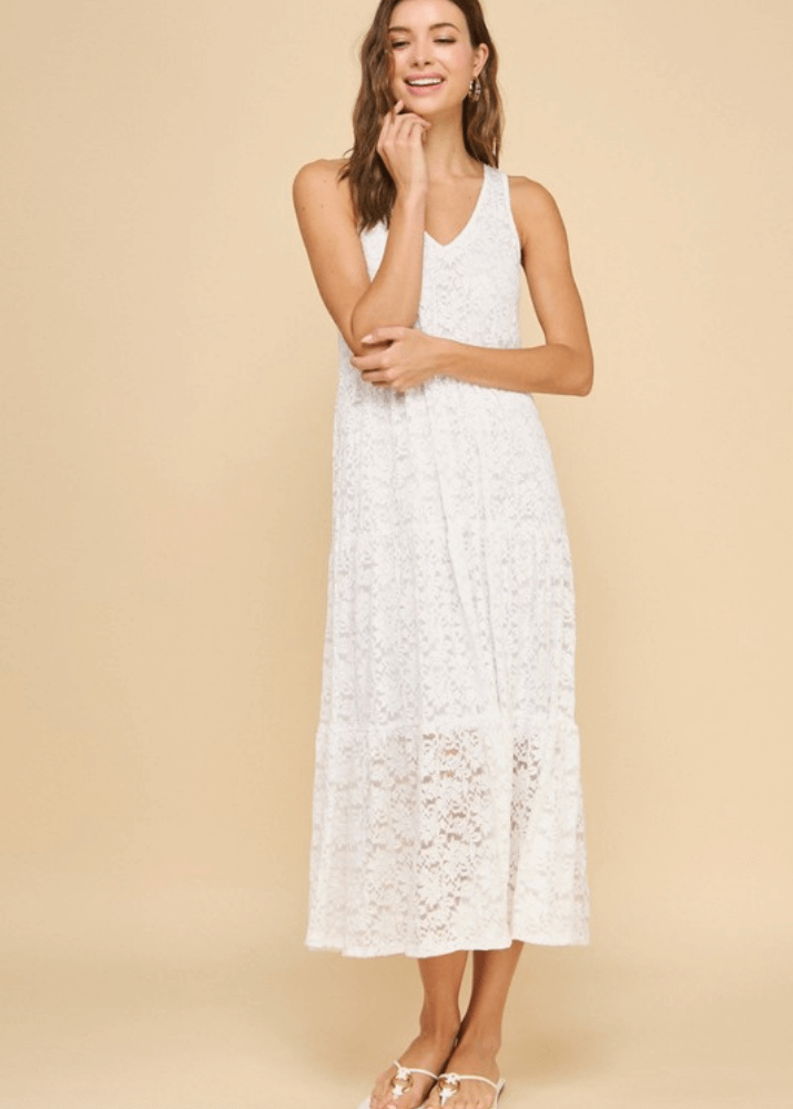 Made in USA Women's White Lace V-Neck A-Line Maxi Dress, Lined, Sleeveless, Tiered with Flounce Ruffle Hem | If She Loves Style ISD1399