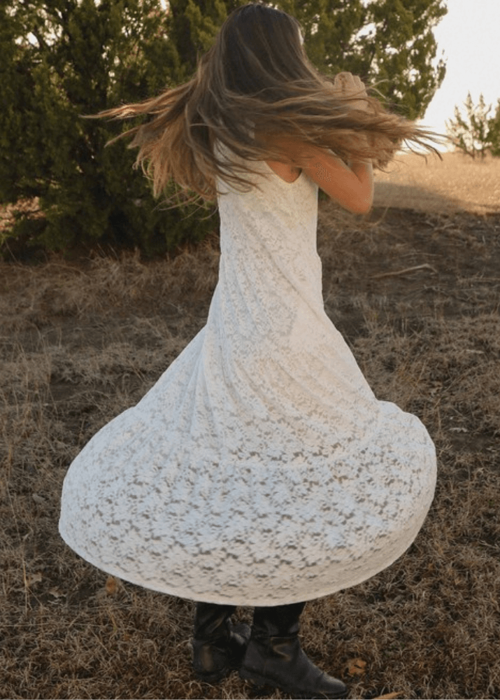 Made in USA Women's White Lace V-Neck A-Line Maxi Dress, Lined, Sleeveless, Tiered with Flounce Ruffle Hem | If She Loves Style ISD1399