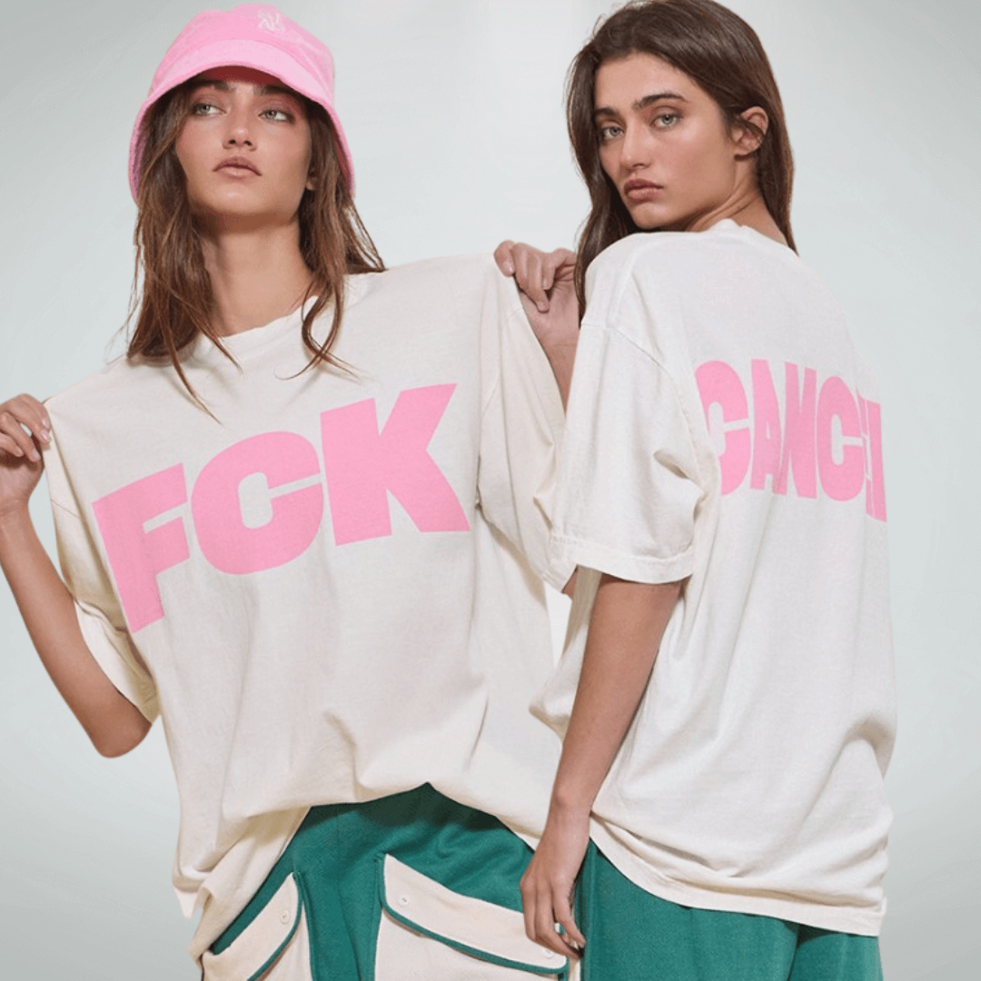 Made in USA Women's Oversized "FCK CANCER" Graphic Tee, Crew Neck, Short Sleeves, White with Pink Lettering, Longer Length, 100% Cotton | Bucket List Fashion Style T2284F