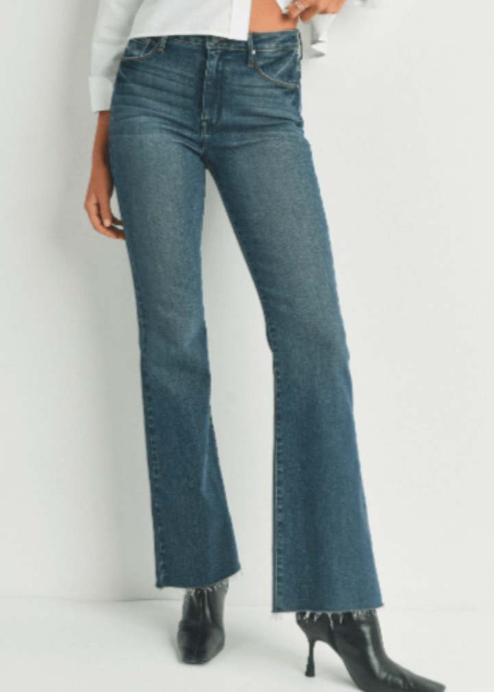 Just Black Denim Style# BP333J | Women's Fall Flare Light Denim Jeans with Scissor Cut Hem in Dark Denim | Made in USA | Classy Cozy Cool Women's Made in America Clothing Boutique