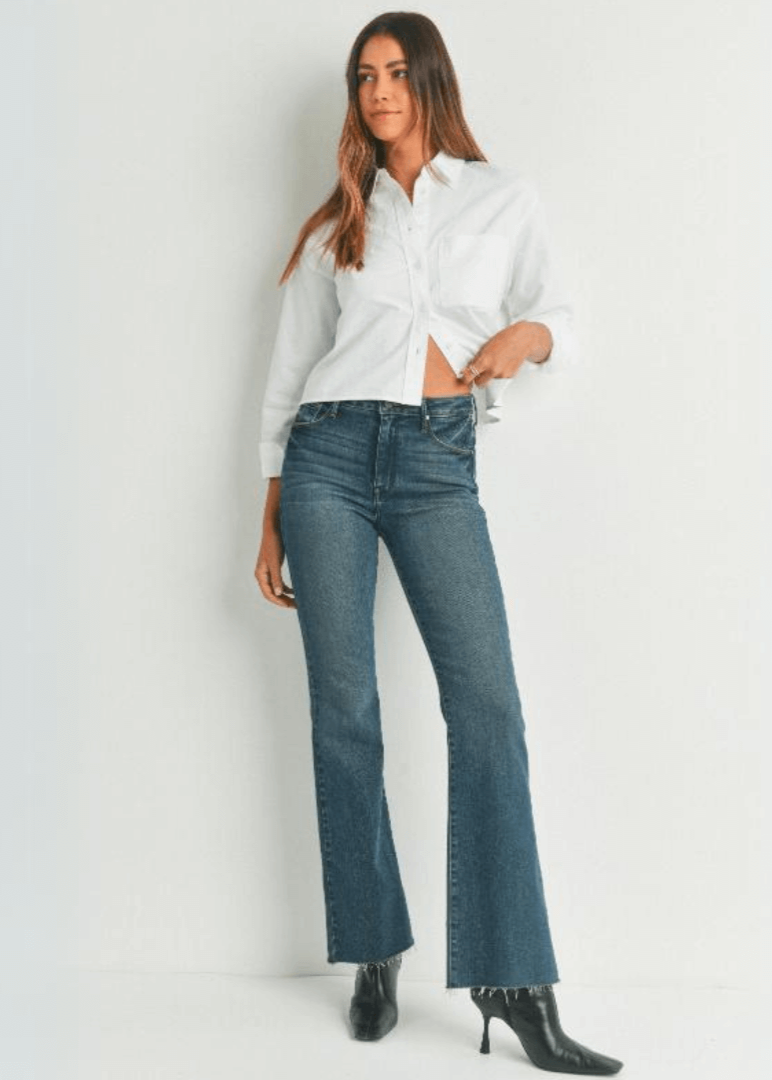 Just Black Denim Style# BP333J | Women's Fall Flare Light Denim Jeans with Scissor Cut Hem in Dark Denim | Made in USA | Classy Cozy Cool Women's Made in America Clothing Boutique