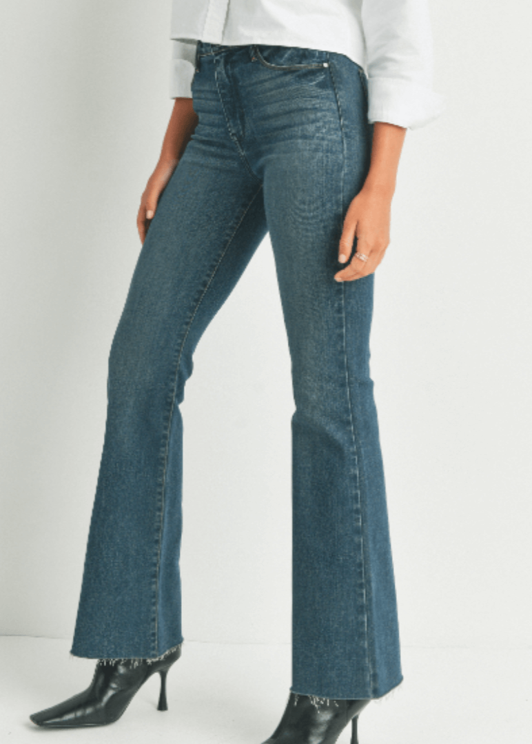 Just Black Denim Style# BP333J | Women's Fall Flare Light Denim Jeans with Scissor Cut Hem in Dark Denim | Made in USA | Classy Cozy Cool Women's Made in America Clothing Boutique