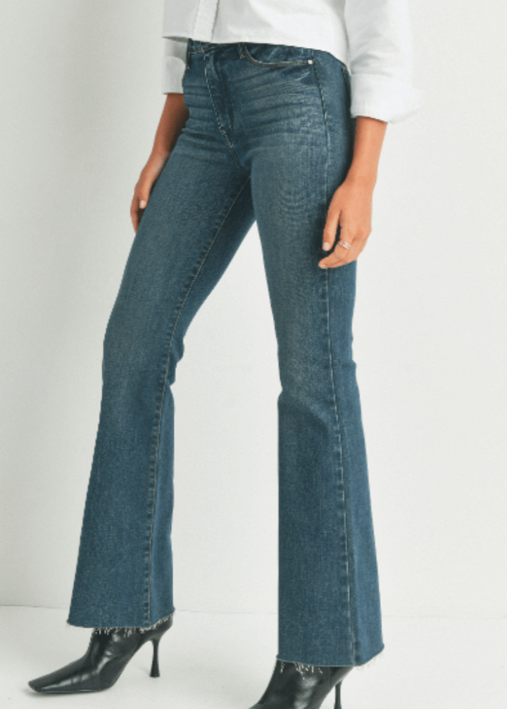 Just Black Denim Style# BP333J | Women's Fall Flare Light Denim Jeans with Scissor Cut Hem in Dark Denim | Made in USA | Classy Cozy Cool Women's Made in America Clothing Boutique