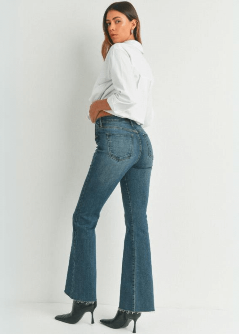 Just Black Denim Style# BP333J | Women's Fall Flare Light Denim Jeans with Scissor Cut Hem in Dark Denim | Made in USA | Classy Cozy Cool Women's Made in America Clothing Boutique