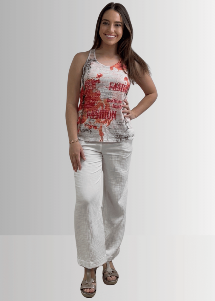 Made in USA Women's Fashion Printed Racerback Tank Top in White with Abstract Graphics with the work "Fashion" in Bold Letters | 50% Cotton 50% Polyester | Classy Cozy Cool Made in America Boutique